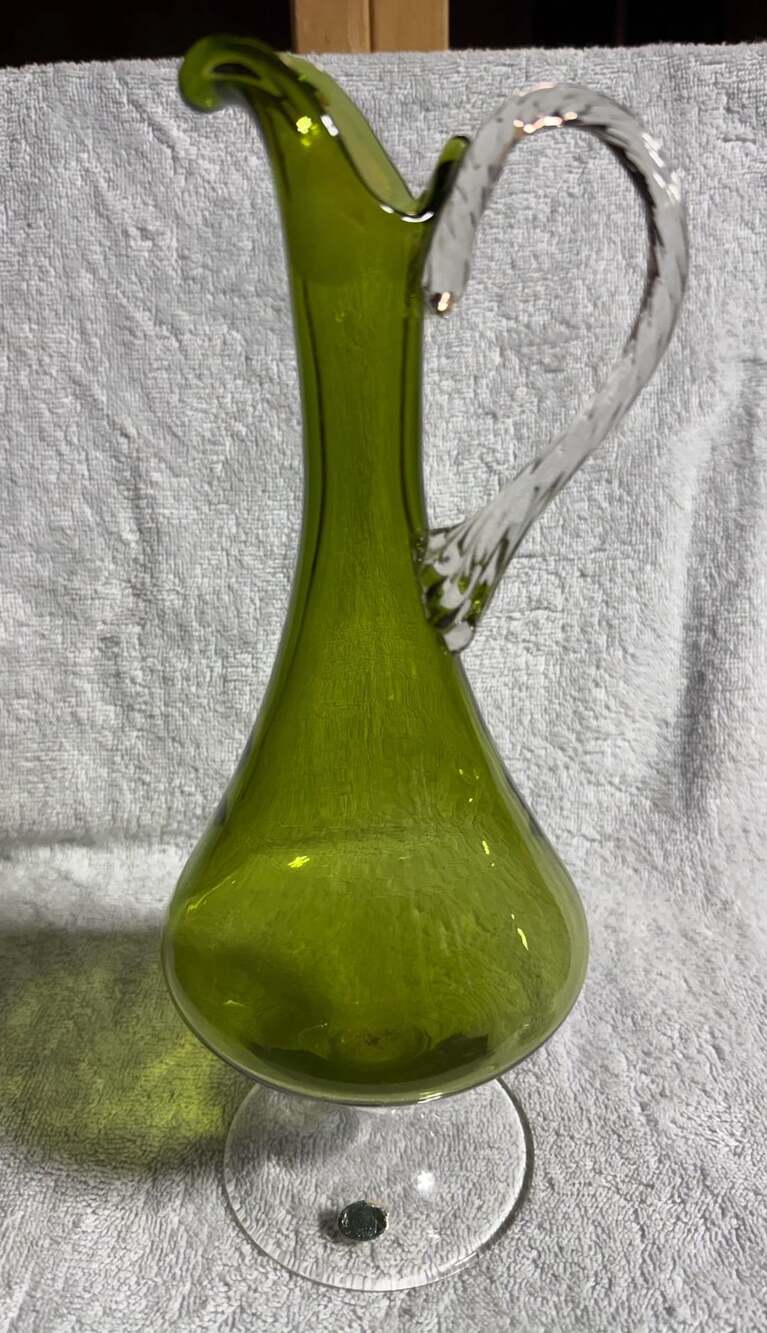 Vintage Enesco Green Art Glass Pitcher Decanter
